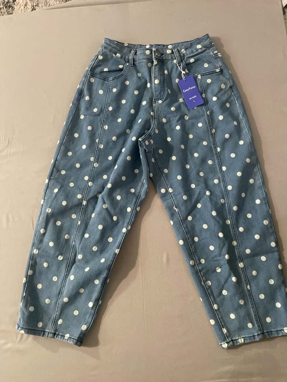 Chouyatou Polka Dot Wide Leg Barrel Jeans Size L Blue Denim